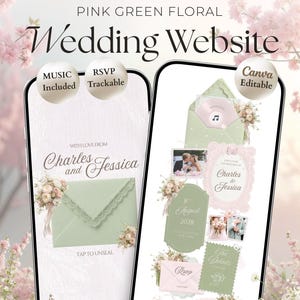 May include: A five-page wedding website template featuring a pink and green floral design. The digital interface displays an editable Canva layout with RSVP tracking, music, and a countdown timer, showcasing invitation graphics, photos, and text.