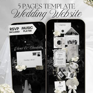 Modèle de site Web de mariage blanc et noir avec réponse, musique et compte à rebours : faire-part de mariage (téléchargement numérique)