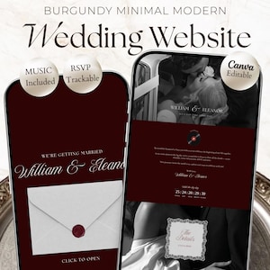 Puede incluir: Una plantilla de sitio web de bodas color burdeos de 5 páginas para Canva con temporizador de cuenta regresiva, música y seguimiento de RSVP. La interfaz móvil muestra un sobre digital con sello de cera, fotografía en blanco y negro y tipografía.