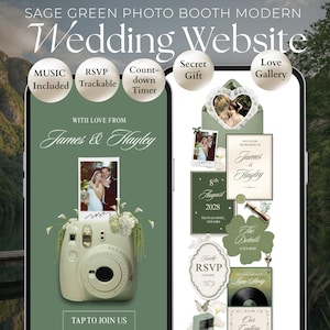 May include: A sage green digital wedding website template displayed on two smartphone screens. The design features a vintage instant camera, floral accents, and interactive elements like RSVP, countdown timer, music, and photo gallery sections.