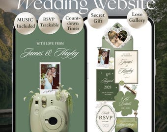 Sage Green Photo Booth Wedding Website Template with RSVP, Music and Countdown Timer | Digital Wedding Invitation | Instant Download