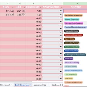 May include: A digital spreadsheet template for tracking daily hours, featuring columns for date, location, start time, end time, total hours, NASP domain, and a dropdown menu listing various professional activities with color-coded labels.