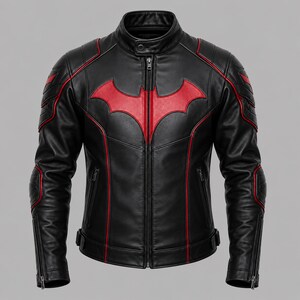 Könnte beinhalten: Eine schwarze Lederjacke mit einem markanten roten fledermausförmigen Emblem auf der Brust. Die Jacke verfügt über einen Stehkragen mit Druckknopf, einen durchgehenden Frontreißverschluss, rote Paspelierungen, seitliche Reißverschlusstaschen und Schulterpolster.