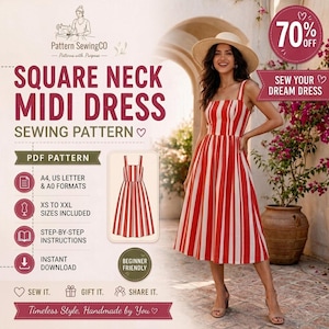 Patron de couture pour robe midi en lin : encolure carrée, style cottage core (XS-5XL) (Téléchargement numérique)