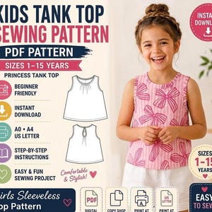 Patrón de costura para camiseta sin mangas de niña / Top de verano sin mangas para niños (descarga en PDF)