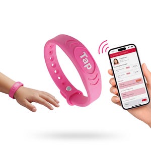 Roze slimme NFC-polsband voor kinderen | ID-armband kindveiligheid | Tap-to-Connect-band voor noodinformatie | Gepersonaliseerd technisch cadeau
