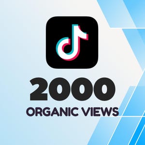Può includere: Una grafica che presenta il logo nero di TikTok con un'icona di nota musicale bianca, ciano e magenta. Sotto il logo, il numero 2000 è visualizzato in grandi caratteri neri, seguito dalle parole ORGANIC VIEWS in lettere maiuscole nere.