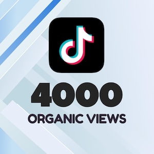 Peut inclure: Un graphique présentant le logo noir de TikTok avec ses accents caractéristiques cyan et magenta. Sous l'icône, le texte noir en gras indique 4000, suivi du texte ORGANIC VIEWS en police noire plus petite, sur un fond bleu clair.