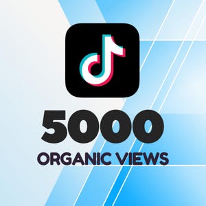 May include: A black square icon with the white, cyan, and magenta TikTok logo centred above the bold black text 5000 ORGANIC VIEWS. The background features a light blue and white geometric pattern with diagonal lines and soft gradient transitions.
