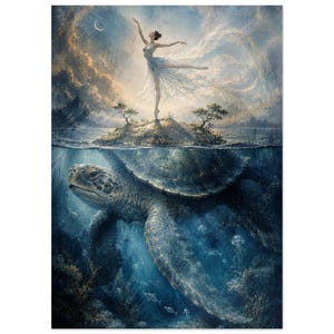 May include: A surreal digital painting featuring a ballerina in a light blue dress dancing on a small island above the water, while a large sea turtle swims beneath the surface in deep blue ocean water with small fish and jellyfish visible.