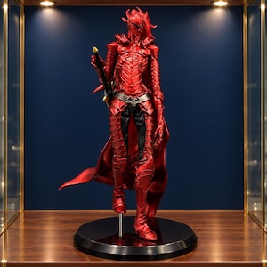 May include: A red armored action figure standing on a circular black base. The figure wears metallic red plate armor with a silver belt, black undergarments, and a flowing red cape. It holds a sword hilt in its right hand and features a helmet.