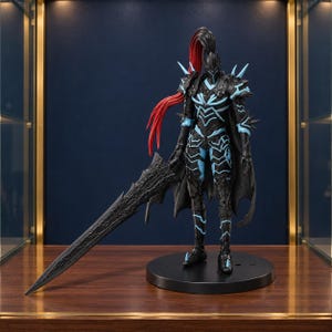 May include: A standing action figure of a knight in black armor with light blue glowing accents, a long red ponytail, and a large, textured black sword. The figure is mounted on a circular black base and features sharp, spiked shoulder armor.