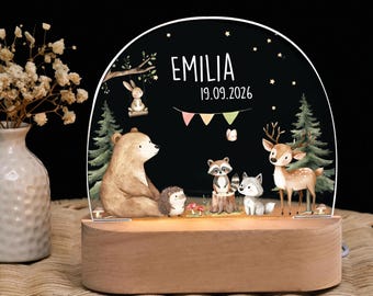 Personalisiertes Nachtlicht mit Namen, LED-Lampe Waldtiere für Kinderzimmer, Babygeschenk zur Geburt, Taufgeschenk, Nachtlampe für Baby
