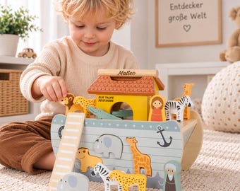 Arche Noah aus Holz Personalisierte mit Namen– Steckspiel , Taufgeschenk, Geschenk zur Geburt, Holzspielzeug für Kinder, Safari Tiere, Tauf