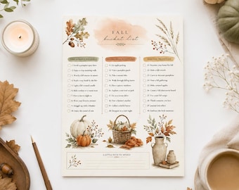 Puede incluir: Una hoja de papel rectangular titulada Fall Bucket List con tres columnas de actividades numeradas. El diseño presenta ilustraciones en acuarela de calabazas, hojas de otoño, una cesta y un jarrón. Una sección en la parte inferior está etiquetada como A Little Note To Myself.
