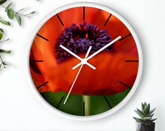 Orologio da parete con fiore di papavero rosso / Orologio botanico ravvicinato