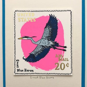 Tarjeta con sellos de aves: garza azul grande/sello americano