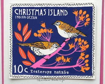 bird stamp card - Christmas Island/Christmas Island White Eye stamp - blue