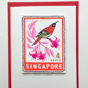 Tarjeta con sello de pájaro - Singapur/Sello de pájaro sol carmesí