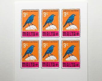 Malta/Blue Rock Thrush stamp screenprint