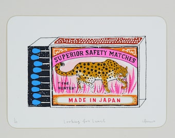 Leopard vintage matchbox screen print - "Looking for Lunch"