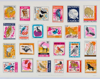 Stamp collection screen print - National birds and beasts (nearly but not quite A-Z)