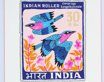 India Stamp/Indian roller bird screen print