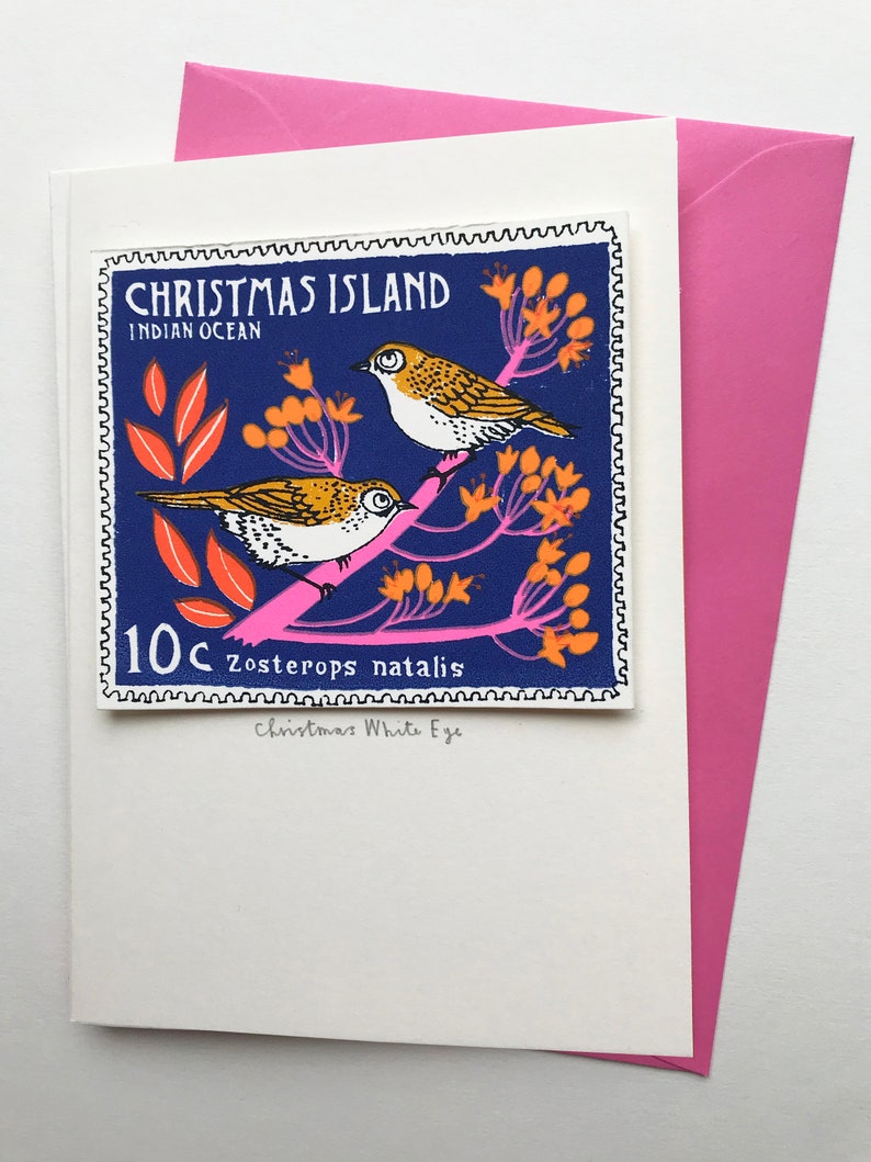 bird stamp card Christmas Island/Christmas Island White Eye stamp blue image 3