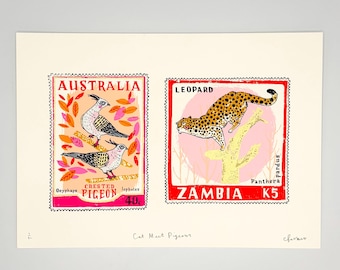 Estampado serigráfico de leopardo y palomas - 'El gato conoce a las palomas'