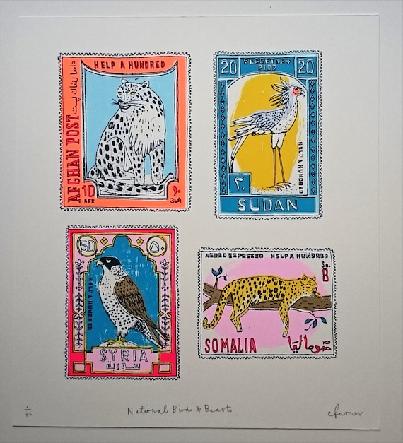 Animal Stamps Screen Print National Birds and Beasts - Etsy Singapore Animal Stamps Screen Print National Birds and Beasts - Etsy Singapore