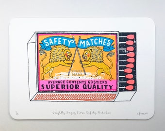 Two lions matchbox screen print - "Slightly Angry Lions Safety Matches"