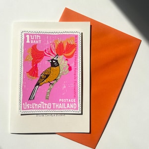 Cartolina con francobolli di uccelli della Thailandia - Bulbul dal ciuffo nero