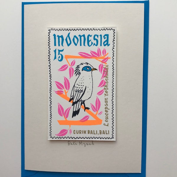 Indonesia stamp/mynah bird card