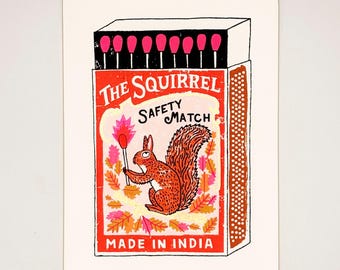 Squirrel matchbox screen print - 'Not Very Secret Squirrel'