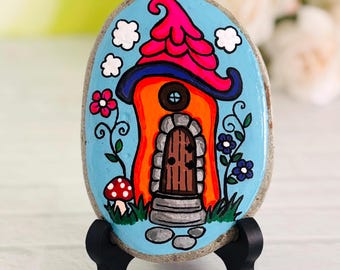 Hand Painted Fairy Cottage Rock, Orange Whimsical Fairy House Stone Art, Tall Cute House, Original Painted Rock, Fairy Garden Decor