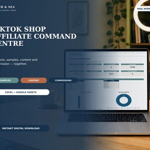 May include: A digital product display for the TikTok Shop Affiliate Command Centre by Stour & Sea. The screen shows an affiliate dashboard with data charts, tables, and metrics. Text includes 'Products, samples, content and commission', 'Excel + Google Sheets', and 'Instant digital download'.