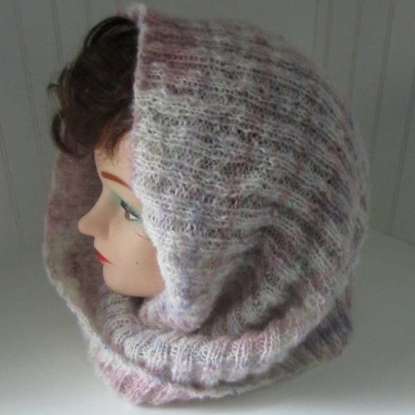 Hooded cowl - pink, rose, lavender; unique, warm, light weight, hand knitted with alpaca & silk, excellent gift for the lady in your life