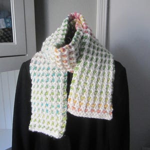 Unusual winter scarf hand knit with soft chunky yarn in white and multi-colored pastels acrylic designer yarn OOAK neckwear