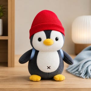 Pinguino di peluche personalizzato, 25 cm, peluche con nome personalizzabile, regalo a forma di pinguino rosso, zaino con tracolla blu, decorazione per la cameretta.