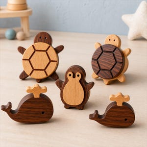 Wooden Animal Drawer Knobs, Turtle Whale Penguin Cabinet Pulls, Beech Walnut Nursery Dresser Hardware, Kids Room Decor