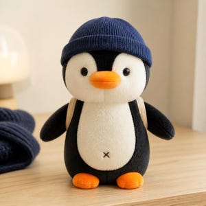Personalized Penguin Plush, 25cm Custom Name Stuffed Animal, Navy Beanie Penguin Gift, Backpack Plush, Winter Nursery Decor