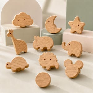 Juego de 2 pomos de madera con forma de animales, tiradores de roble natural para armarios de guardería, tiradores para cómoda infantil con forma de nube, estrella y luna.