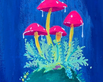 Pink mushrooms print from original gouache