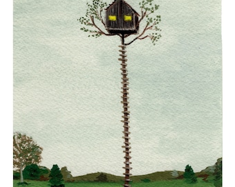 Moonrise treehouse gouache reproduction Print