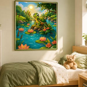 Può includere: Una stampa artistica da parete quadrata raffigurante una tartaruga dei cartoni animati seduta su una roccia in uno stagno. La scena include acqua blu vibrante, foglie di ninfea verdi, fiori di loto rosa, tife e un sole giallo brillante.
