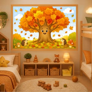 Cute autumn tree wall art printable, fall nursery decor, digital download,  woodland animals poster, playroom classroom decor prints