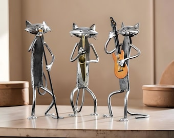 Statuette di gatti musicisti in ferro / Set di sculture di gatti in metallo a forma di band / Decorazioni moderne per la casa / Statue di gatti jazz