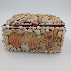 Caja de joyería vintage con tapa, cubierta de conchas marinas y forro rojo, 5x6 pulgadas.