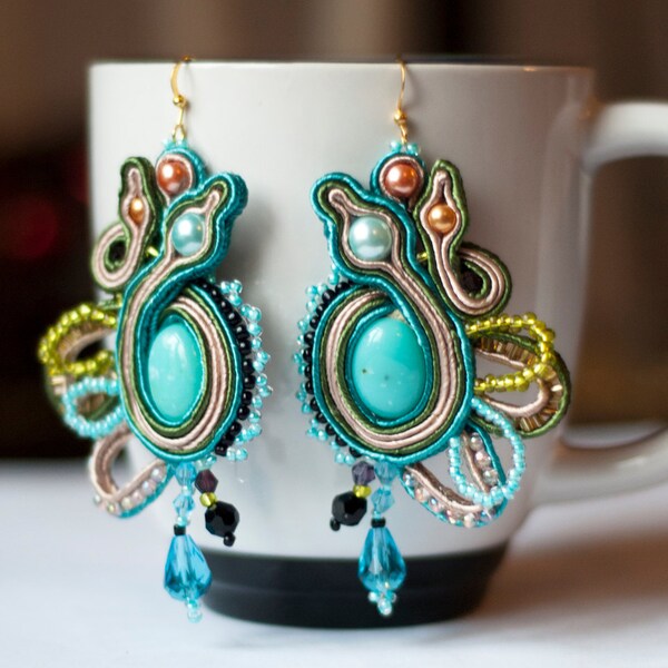 Green and turqouise soutache beaded earrings