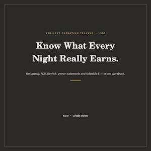 May include: A dark gray digital graphic with white text reading STR HOST OPERATING TRACKER PRO, Know What Every Night Really Earns, Occupancy, ADR, RevPAR, owner statements and Schedule E — in one workbook, and Excel Google Sheets.